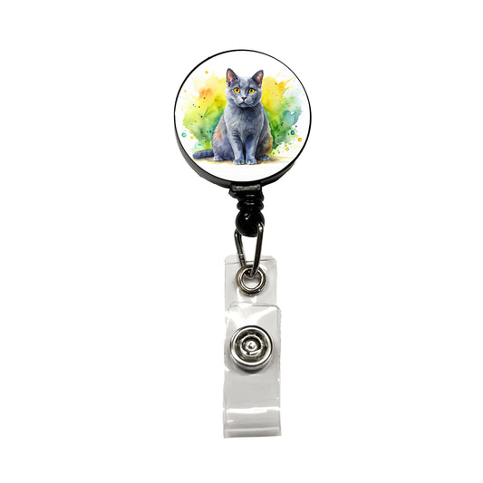 Chartreux Cat Watercolor Style Retractable ID Key Card Name Tag Badge Holder with Clip