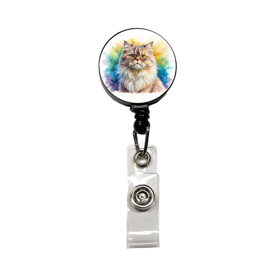 Classic Persian Cat Watercolor Style Retractable ID Key Card Name Tag Badge Holder with Clip