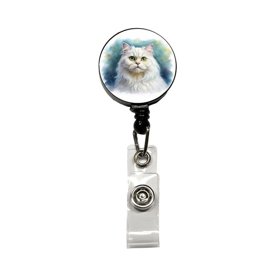Classic Persian White Cat Watercolor Style Retractable ID Key Card Name Tag Badge Holder with Clip