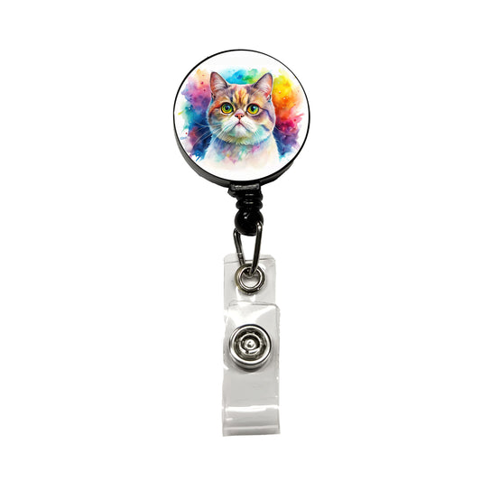 Exotic Shorthair Cat Watercolor Style Retractable ID Key Card Name Tag Badge Holder with Clip