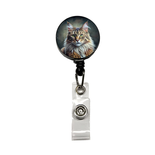 Maine Coon Cat Illustration Retractable ID Key Card Name Tag Badge Holder with Clip