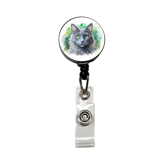 Nebelung Cat With Green Eyes Watercolor Style Retractable ID Key Card Name Tag Badge Holder with Clip