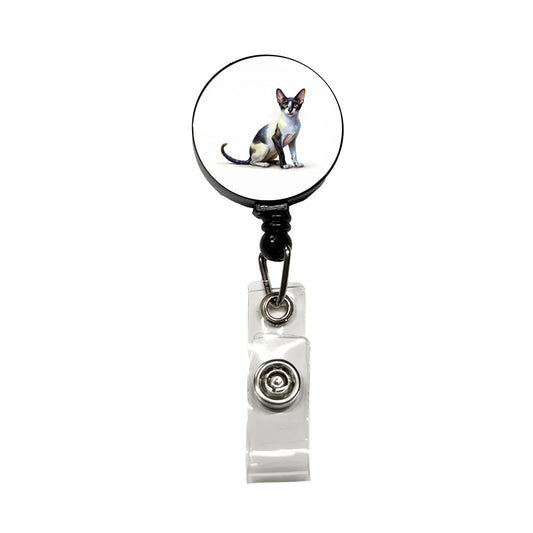 Oriental Shorthair Black White Cat Illustration Retractable ID Key Card Name Tag Badge Holder with Clip