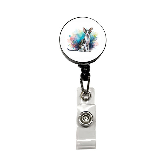 Oriental Shorthair Black White Cat Watercolor Retractable ID Key Card Name Tag Badge Holder with Clip