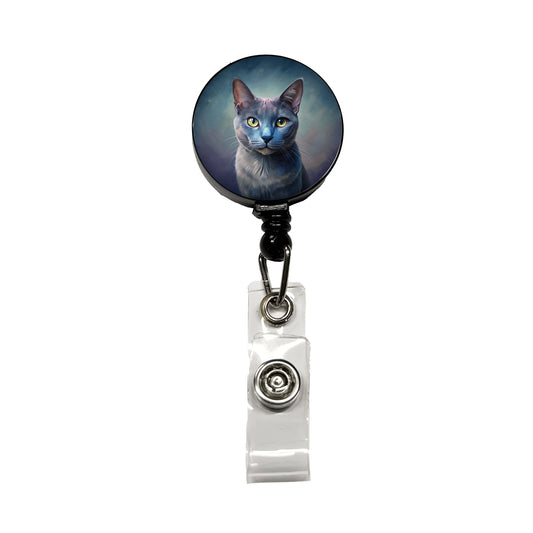 Russian Blue Cat Illustration Retractable ID Key Card Name Tag Badge Holder with Clip
