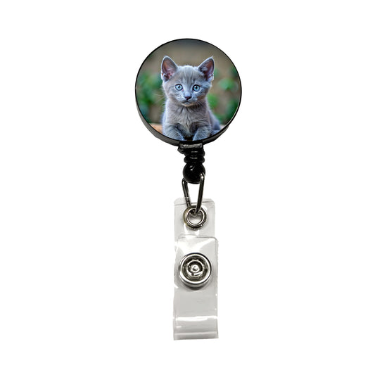 Russian Blue Cat Kitten Photo Retractable ID Key Card Name Tag Badge Holder with Clip