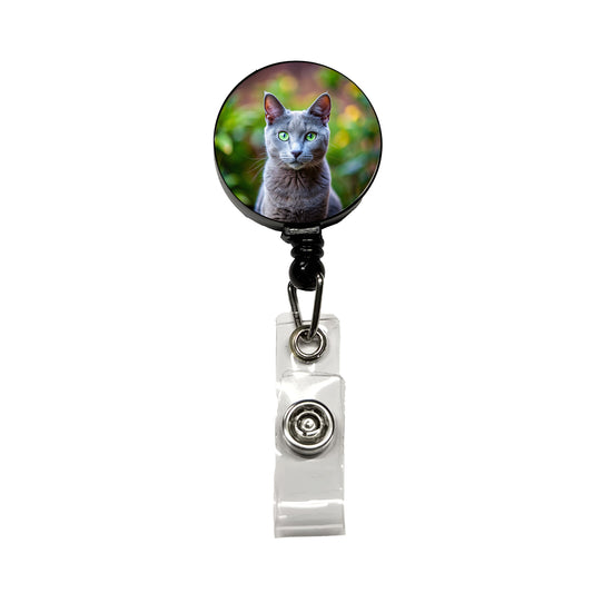 Russian Blue Cat Photo Retractable ID Key Card Name Tag Badge Holder with Clip