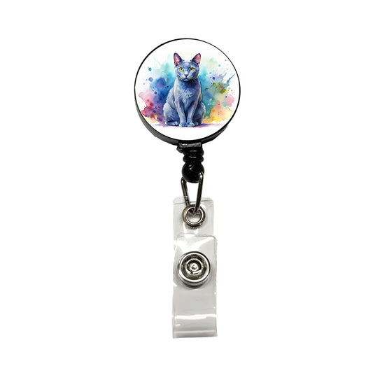 Russian Blue Cat Watercolor Style Retractable ID Key Card Name Tag Badge Holder with Clip