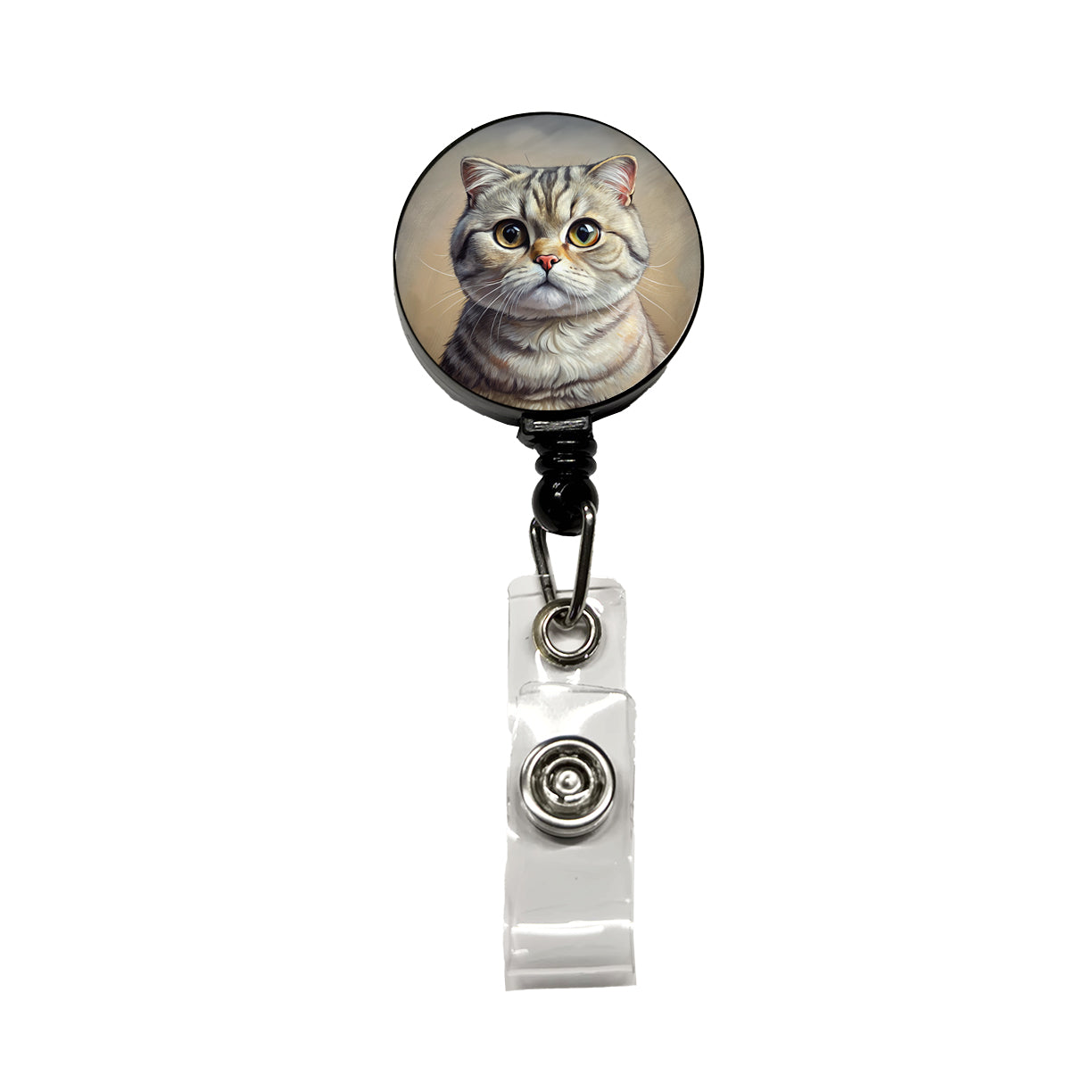 Scottish Fold Cat Illustration Retractable ID Key Card Name Tag Badge Holder with Clip