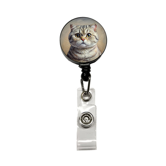 Scottish Fold Cat Illustration Retractable ID Key Card Name Tag Badge Holder with Clip