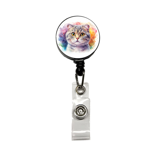 Scottish Fold Cat Watercolor Style Retractable ID Key Card Name Tag Badge Holder with Clip
