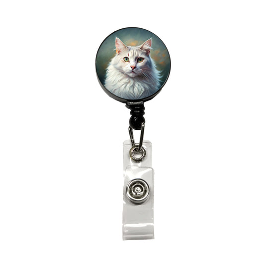 Turkish Angora Cat Illustration Retractable ID Key Card Name Tag Badge Holder with Clip