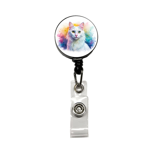 Turkish Angora Cat Watercolor Style Retractable ID Key Card Name Tag Badge Holder with Clip