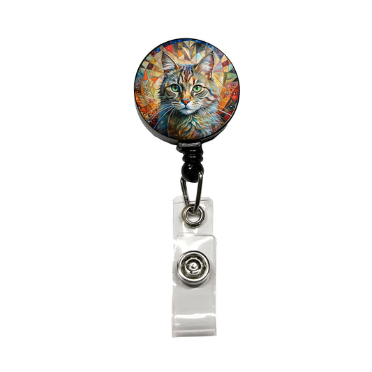 Cute Tabby Cat Abstract Art Retractable ID Key Card Name Tag Badge Holder with Clip