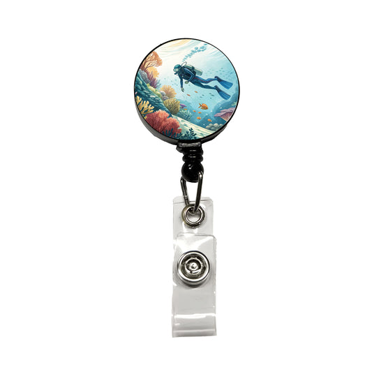 Diving Diver Exploring Underwater Retractable ID Key Card Name Tag Badge Holder with Clip
