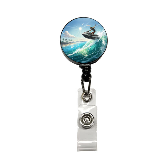 Jet Ski Skiing at Tropical Beach Retractable ID Key Card Name Tag Badge Holder with Clip