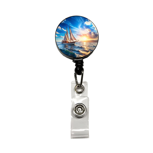 Sailboat On The Ocean Retractable ID Key Card Name Tag Badge Holder with Clip