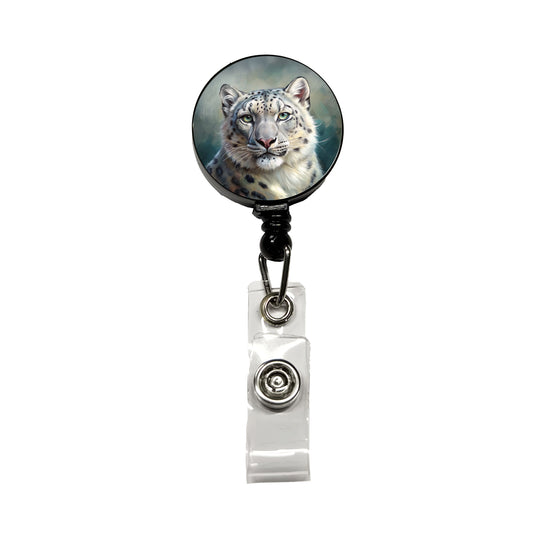 Snow Leopard Illustration Retractable ID Key Card Name Tag Badge Holder with Clip