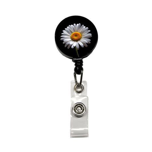 White Daisy Flower Photo Retractable ID Key Card Name Tag Badge Holder with Clip