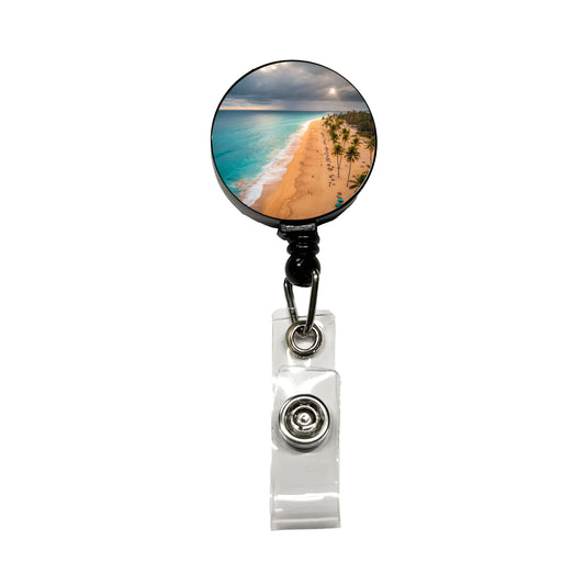 Aerial Beach Ocean Resort Palm Trees Retractable ID Key Card Name Tag Badge Holder with Clip