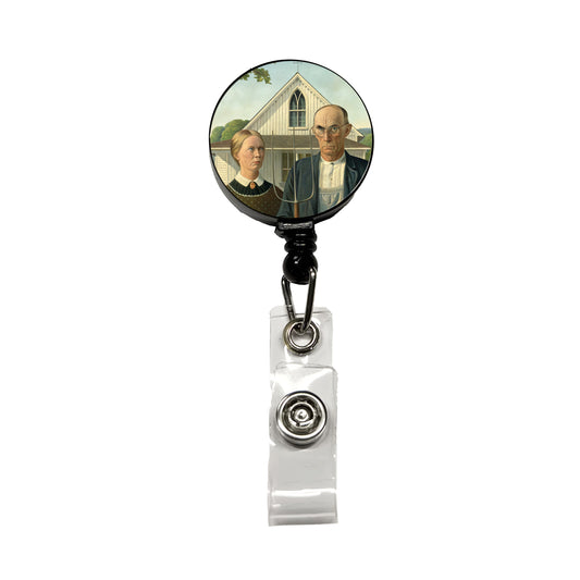 American Gothic Grant Wood Painting Inspired Retractable ID Key Card Name Tag Badge Holder with Clip
