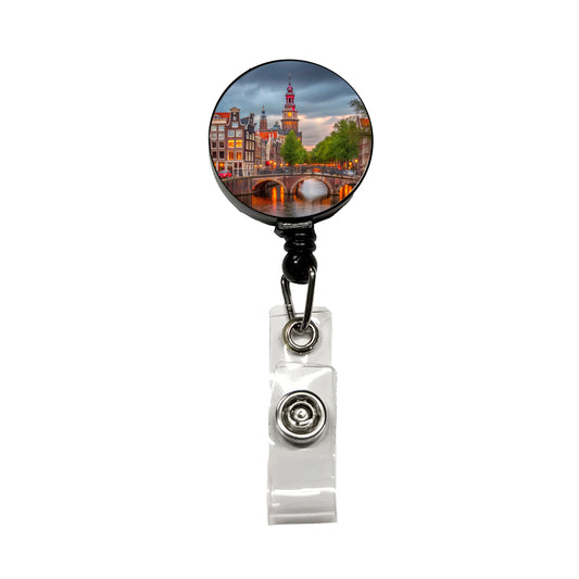 Amsterdam Netherlands At Sunset Retractable ID Key Card Name Tag Badge Holder with Clip