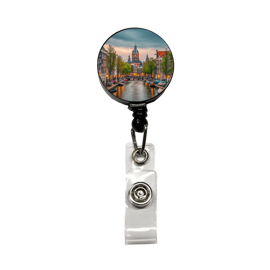 Amsterdam Netherlands Twilight Canals Retractable ID Key Card Name Tag Badge Holder with Clip