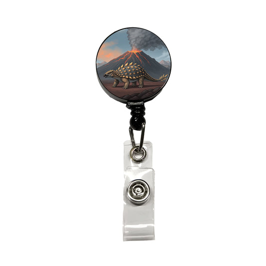 Ankylosaurus Volcano Erupting Dinosaur Retractable ID Key Card Name Tag Badge Holder with Clip