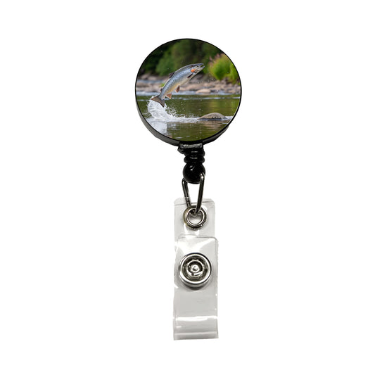 Atlantic Salmon Fish Jumping Fishing River Retractable ID Key Card Name Tag Badge Holder with Clip