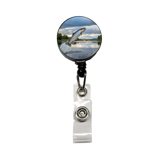 Atlantic Salmon Fish Jumping Fishing Retractable ID Key Card Name Tag Badge Holder with Clip