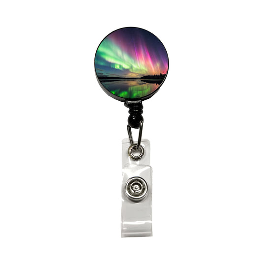 Aurora Borealis Northern Lights Over Lake Retractable ID Key Card Name Tag Badge Holder with Clip
