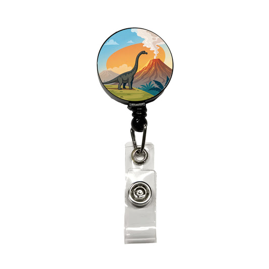 Brachiosaurus Volcano Colorful Dinosaur Retractable ID Key Card Name Tag Badge Holder with Clip