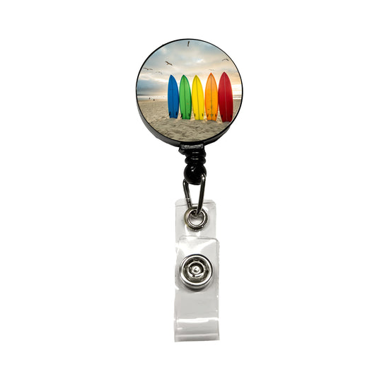 Brightly Colored Surfboards In The Sand Beach Ocean Retractable ID Key Card Name Tag Badge Holder with Clip