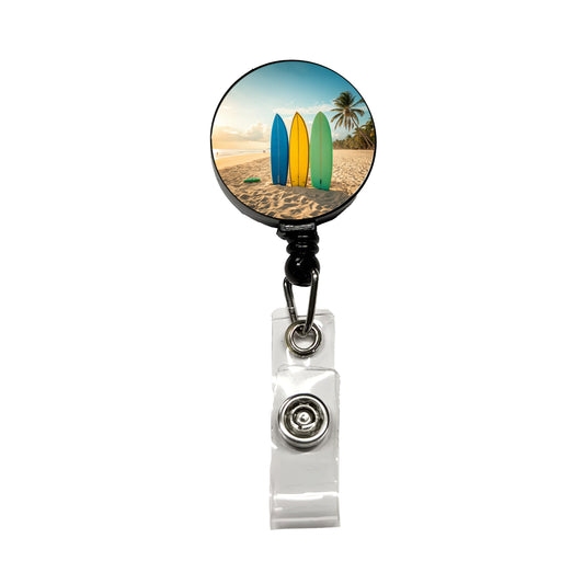 Brightly Colored Surfboards Sand Beach Ocean Retractable ID Key Card Name Tag Badge Holder with Clip