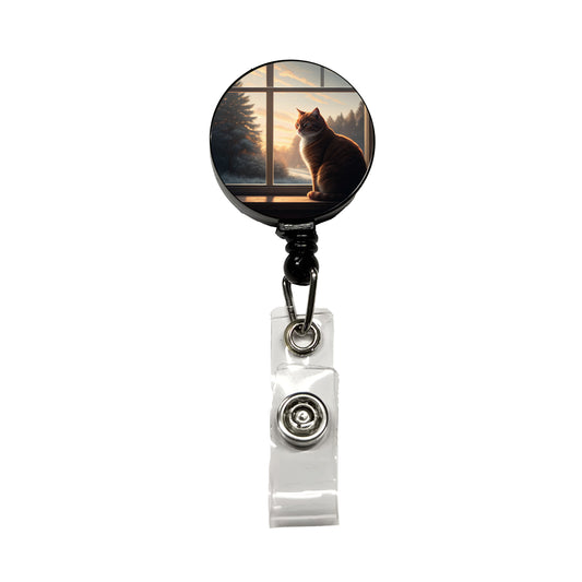 Cat In Window Pretty Retractable ID Key Card Name Tag Badge Holder with Clip