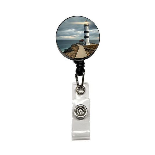 Coastal Lighthouse Ocean Retractable ID Key Card Name Tag Badge Holder with Clip