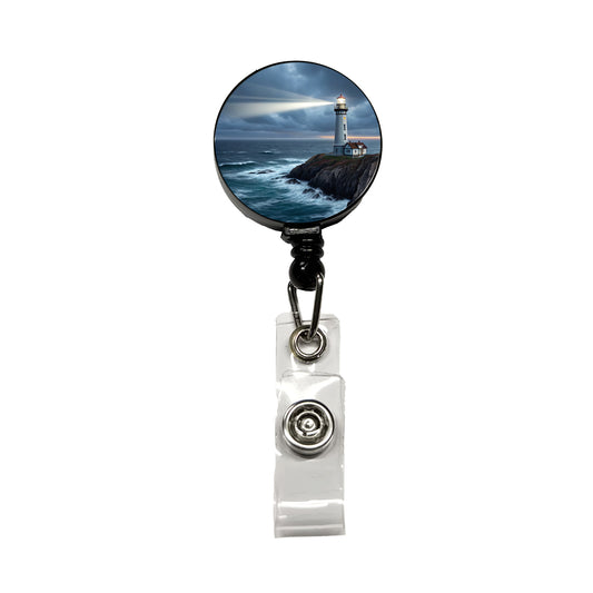 Coastal Lighthouse Rugged Retractable ID Key Card Name Tag Badge Holder with Clip