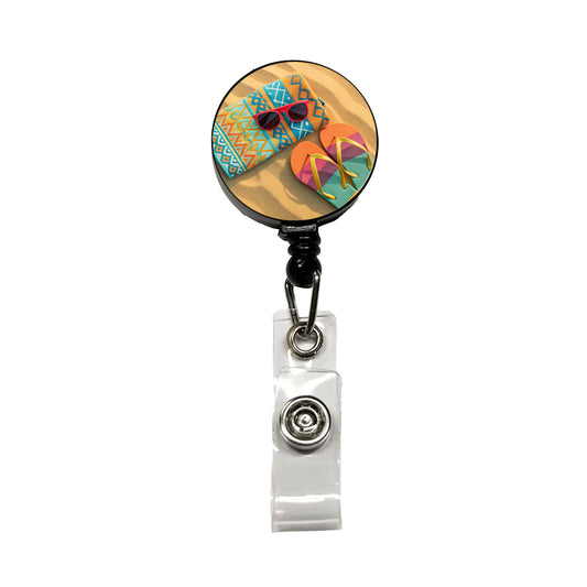 Colorful Sunglasses Flip Flops Towel On Sandy Beach Retractable ID Key Card Name Tag Badge Holder with Clip