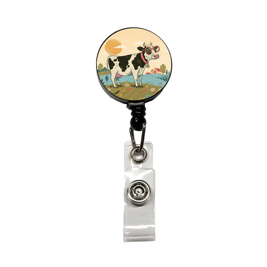 Cool Cow Wearing Sunglasses Retro Illustration Retractable ID Key Card Name Tag Badge Holder with Clip