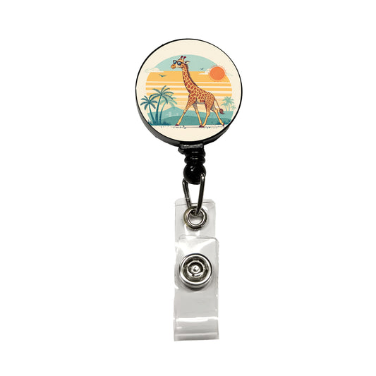 Cool Giraffe Wearing Sunglasses Retro Illustration Sun Retractable ID Key Card Name Tag Badge Holder with Clip