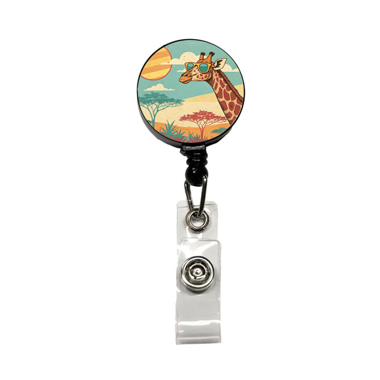 Cool Giraffe Wearing Sunglasses Retro Illustration Retractable ID Key Card Name Tag Badge Holder with Clip