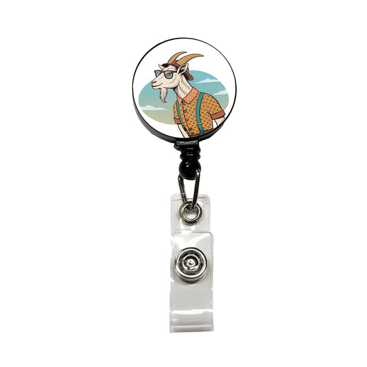 Cool Goat Wearing Sunglasses Retro Illustration Retractable ID Key Card Name Tag Badge Holder with Clip