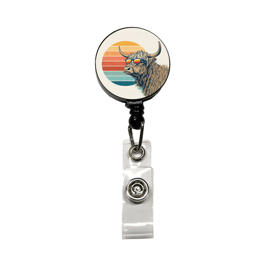 Cool Highland Cow Wearing Sunglasses Retro Illustration Retractable ID Key Card Name Tag Badge Holder with Clip