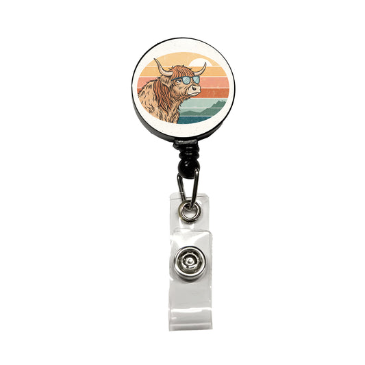 Cool Highland Cow Wearing Sunglasses Retro Retractable ID Key Card Name Tag Badge Holder with Clip