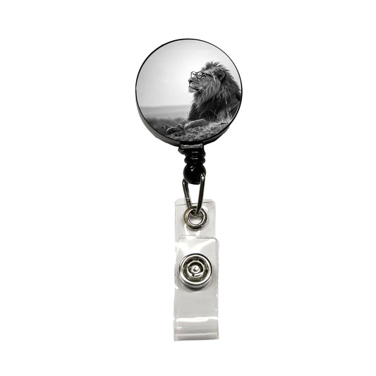 Cool Lion Wearing Glasses Black White Retractable ID Key Card Name Tag Badge Holder with Clip