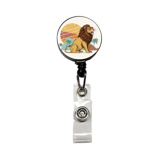 Cool Lion Wearing Sunglasses Retro Illustration Style Retractable ID Key Card Name Tag Badge Holder with Clip