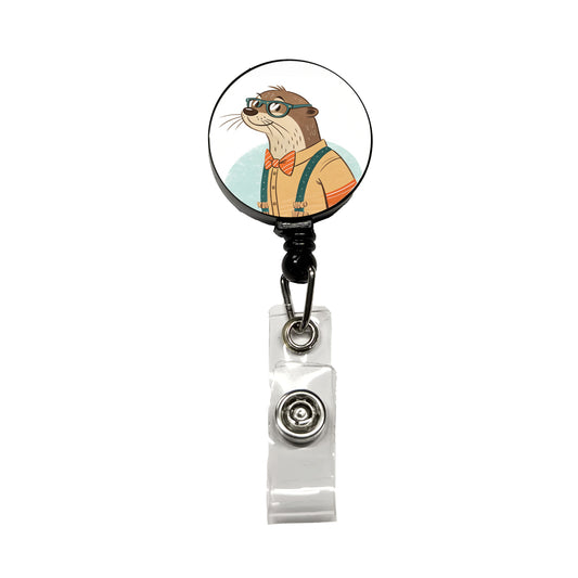 Cool Otter Wearing Glasses Retro Illustration Retractable ID Key Card Name Tag Badge Holder with Clip