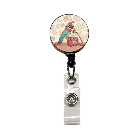 Cool Parrot Wearing Sunglasses Retro Illustration Retractable ID Key Card Name Tag Badge Holder with Clip