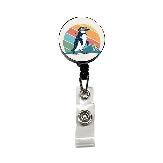 Cool Penguin Wearing Sunglasses Retro Illustration Retractable ID Key Card Name Tag Badge Holder with Clip
