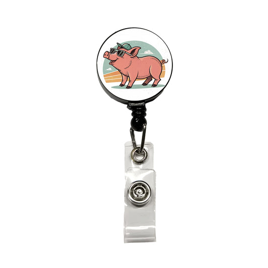 Cool Pig Wearing Sunglasses Retro Illustration Retractable ID Key Card Name Tag Badge Holder with Clip